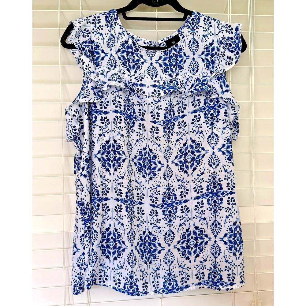 Worthington Womens Blue White Damask Floral Ruffle Sleeveless‎ Blouse Top Large